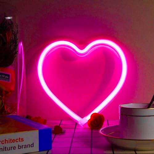 Pink Heart Neon Sign, LED Heart Light Battery Operated or USB Powered Heart Neon Light, Table and Wall Decoration Lights for Valentines Day Wedding Anniversary Girl's Room Party Birthday Home Décor - Pink - 1 pack