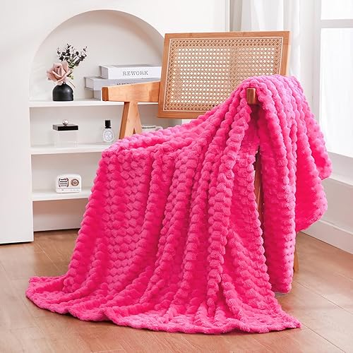Puncuntex Hot Pink Throw Blanket 50"×60" inches Gifts for Mom Fuzzy 3D Jacquard Decorative Flannel Fleece Super Soft Plush Cozy Blanket for Couch Sofa Chair Lightweight - 50"×60” - Hot Pink