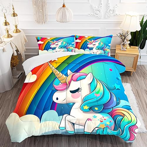 FUYEUN Unicorn Bedding Twin for Girls Rainbow Comforter Set for Kids Children Boys Teens Cartoon Unicorn Colorful Starry Blue Glitter Quilt 1 Comforter + 1 Pillow Case - Lb01-10 - Twin