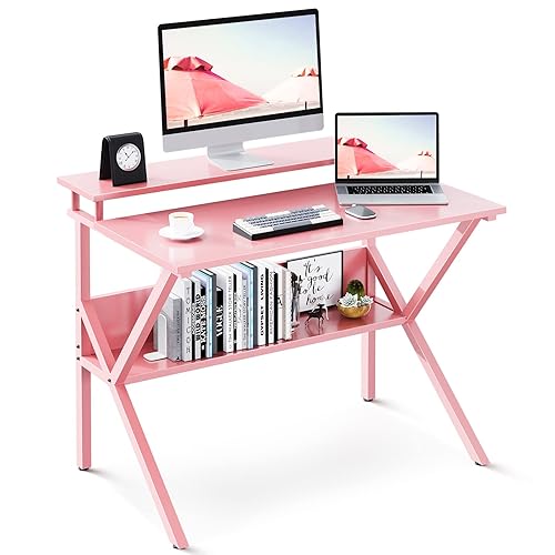 ODK Small Desk, 27.5 Inch Small Computer Desk for Small Spaces, Compact Desk with Storage, Tiny Desk Study Desk with Monitor Stand for Home Office, Pink - Pink - 27.5 inch