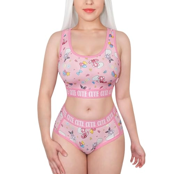 Littleforbig Women Cotton Camisole and Panties Sports Loungewear Usagi Cute & Cozy Bralette Set
