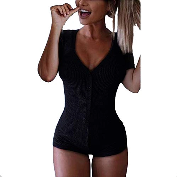 Roselux Women's Sexy Deep V Neck Shorts Long Sleeve Knitted One Piece Bodysuit Sexy Pajama Onesie Bodycon Rompers Overall