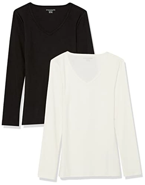 Amazon Essentials Women's Slim-Fit Layering Long Sleeve Knit Rib V-Neck (Available in Plus Size), Pack of 2