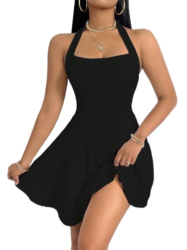 Milumia Women's Halter Mini Dress Backless A Line Flare Party Club Short Dresses - Large - Black