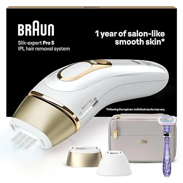 Braun IPL Silk-Expert Pro 5, IPL Hair Removal Device, at Home Hair Removal with Pouch, Precision Head and Venus Razor, Alternative for Laser Hair Removal, Gift for Women, White/Gold, PL5137