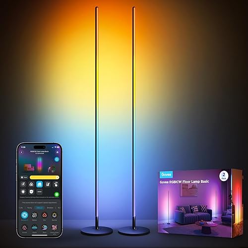Govee LED Floor Lamp, RGBIC Modern Corner Lamp, Smart Standing Lamp with 61 Scene Modes,Music Sync, Black Corner Floor Lamp for Living Room, Bedroom, 2 Pack - Black - 2-Pack