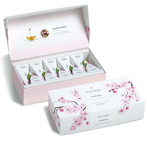 Tea Forte Cherry Blossom Organic Green Tea, Petite Presentation Box Tea Sampler Gift Set with 10 Handcrafted Pyramid Tea Infusers - Cherry Blossom