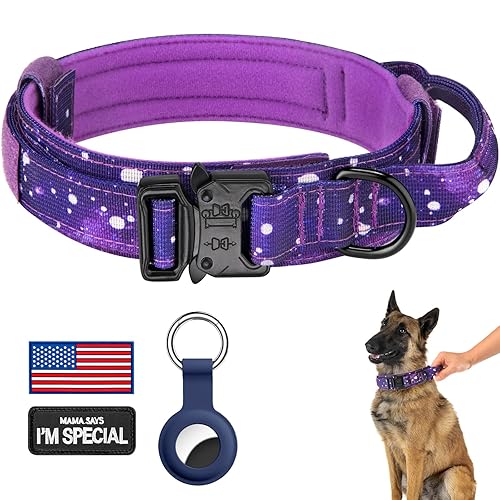 DAGANXI Tactical Dog Collar, Adjustable Military Training Nylon Dog Collar with Control Handle and Heavy Metal Buckle for Medium and Large Dogs, with Patches and Airtags Case (L, Purple Sky) - Purple sky - L