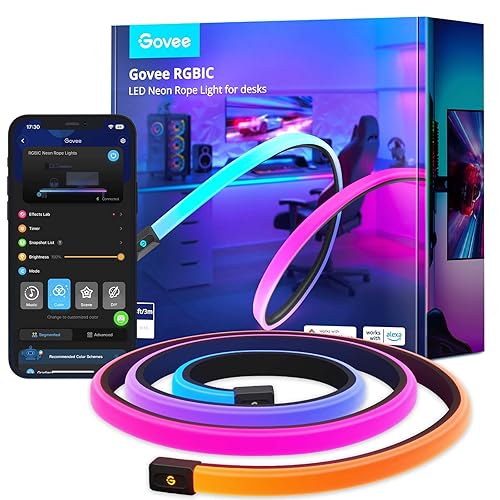 Govee RGBIC Gaming Lights, 10ft Neon Rope Lights Soft Lighting for Gaming Desks, LED Strip Lights Syncing with Razer Chroma, Support Cutting, Smart App Control, Music Sync, Adapter (Only 2.4G Wi-Fi) - 10ft