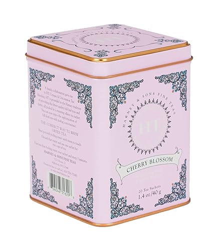 Harney & Sons Caffeinated Blossom Green Tea Tin Sachets Pink 31629, Cherry, 20 Count (Pack of 1) - 20 Count (Pack of 1)