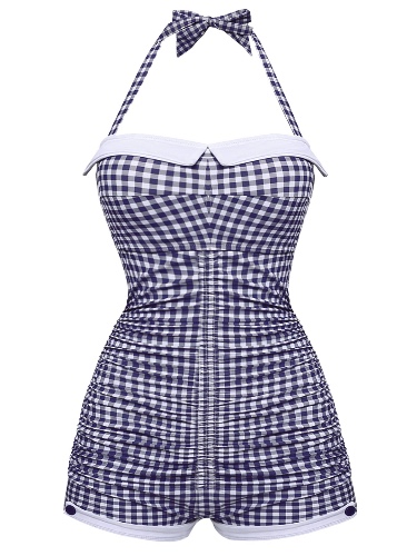 Checked 1950s Halter Bowknot One-piece Swimsuit | Blue / S / 2