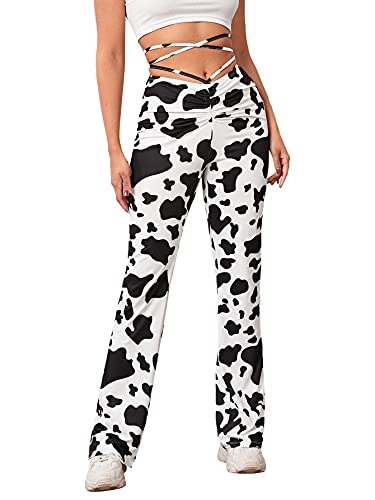 WDIRARA Women's Cut Out Wide Leg Flare Pants High Waist Stretch Self Tie Solid Long Pants - Small - Black Animal