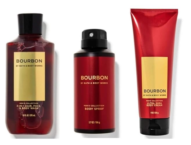 Bath & Body Works Bourbon - Ultra Shea Body Cream 8 oz, 2-in-1 Hair + Body Wash 10 oz & Deodorizing Body Spray 3.7 oz - Set