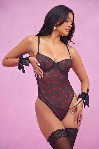 Kim Heart Throb Mesh Teddy & Cuff Set - Black/Red