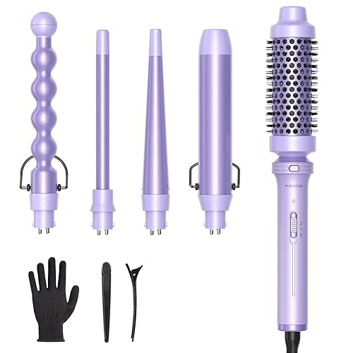 Wavytalk 5 in 1 Curling Iron,Curling Wand Set with Curling Brush and 4 Interchangeable Ceramic Curling Wand(0.5”-1.25”),Instant Heat Up,Include Heat Protective Glove & 2 Clips (Purple) - Curling Wand （0.5"-1.25" ） - Purple Lavender