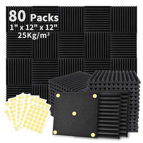 Focusound 80 Pack Acoustic Foam Panels 1" x 12" x 12" Sound Proof Foam Panles Soundproofing Noise Cancelling Wedge Panels for Home Office Recoding Studio with 420PCS Double-Side Adhesive - 80 Pack