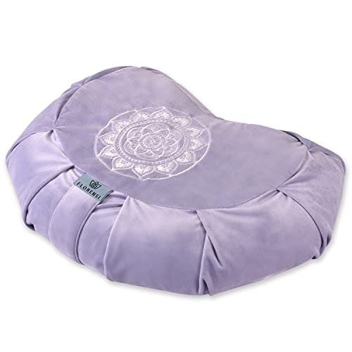 Florensi Meditation Cushion - Comfortable Floor Pillow - Traditional Crescent Meditation Pillow with Beautiful Velvet Cover - Large Floor Cushion Seating for Adults - Premium Yoga Buckwheat Bolster - Purple