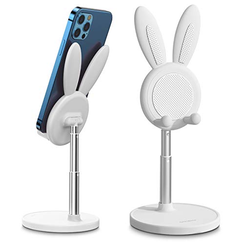 OATSBASF Cute Cell Phone Stand, Adjustable Bunny Phone Stand for Desk, Thick Case Friendly Holder Compatible with iPhone, Kindle, iPad, Switch, All Phones (White) - White