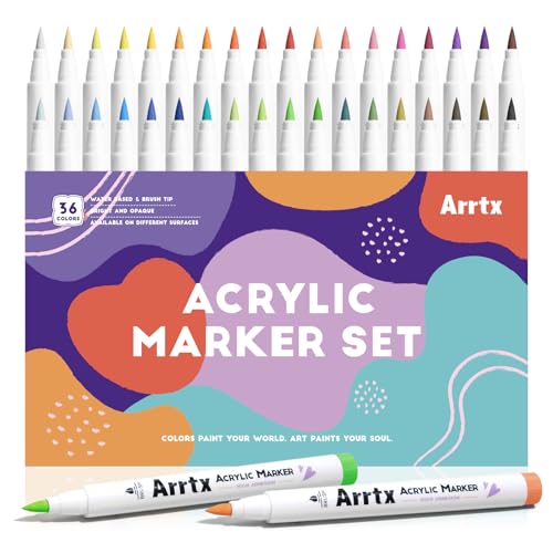Arrtx Acrylic Paint Pens 36D Colors Acrylic Paint Markers,Brush Tip Acrylic Pens Acrylic Markers for Rock Painting,Wood,Ceramic,Glass,Canvas,Metal,Plastic,Fabric,Stone and Diy Project - 36D Colors