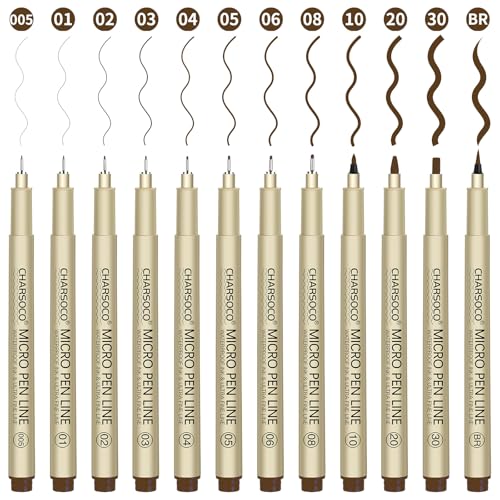 CHARSOCO Brown Micro Pens, 12 Sizes in 0.23mm - 5mm, Waterproof Archival Ink, Fine Point Pen for Artist Illustration, Sketching, Anime, Manga and Technical Drawing - 12 Pack (Brown & 12 Size)