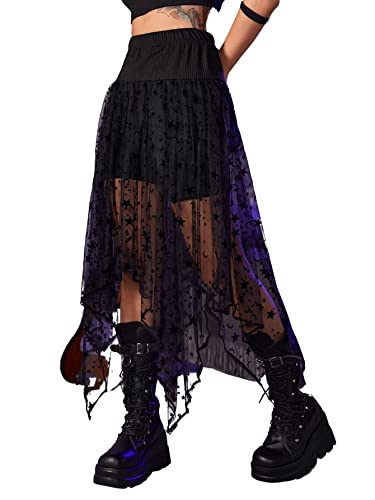 Verdusa Women's Y2k Goth Star Moon Print Contrast Mesh Asymmetrical Hem Maxi Skirt - Small - Black