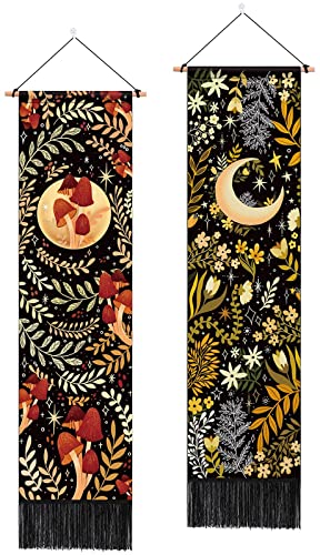 Pack of 2 Moon and Floral Tapestry Yellow and Green Plant Tapestry Botanical Tassel Tapestry Mystical Butterfly and Flower Tapestry Vertical Bohemian Tapestry Wall Hanging for Room(12.8 x 51.2 inches) - Yellow and Green - 12.8" x 51.2"