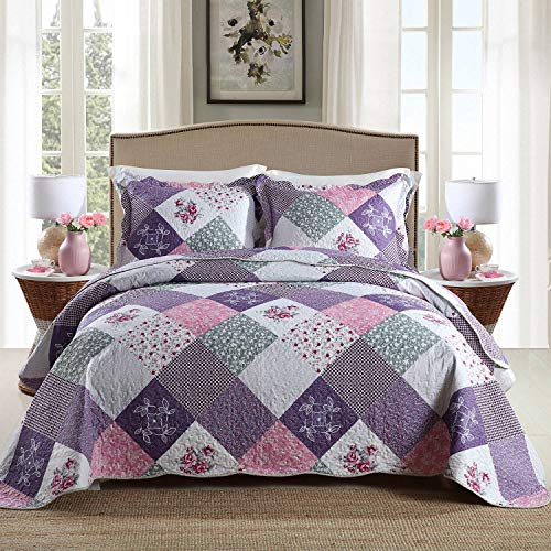 HoneiLife Quilt Set Queen Size - 3 Piece Microfiber Reversible Bedspreads Patchwork Coverlets Floral Bedding Set All Season Quilts with Geometric and Little Rose Print Pattern - Queen/Full-90"x96" - Purple