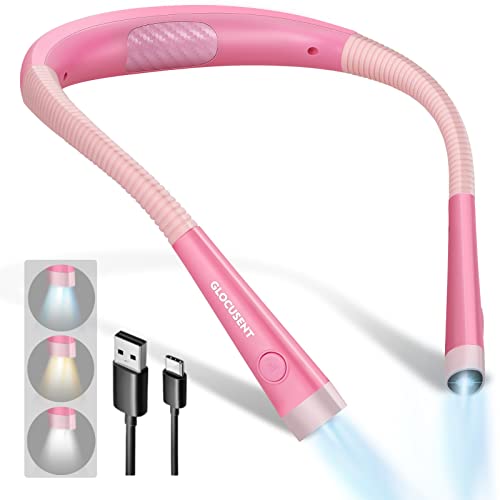 Glocusent LED Neck Reading Light, Book Light for Reading in Bed, 3 Colors, 6 Brightness Levels, Bendable Arms, Rechargeable, Long Lasting, Perfect for Reading, Knitting, Camping, Repairing - Light Pink