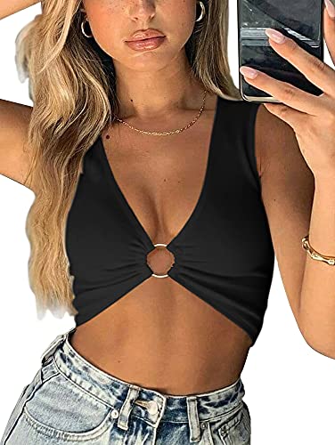 AEVZIV Sexy Crop Tops for Women Sleeveless Deep V Neck Workout Tops Plunge Ring Cleavage Cropped Tank Top - Medium - Black