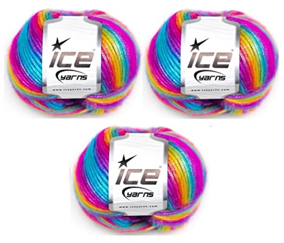 Ice Yarns Picasso Rainbow (3-Piece Pack) Blue, Purple, Green, Yellow, Orange, Pink Fuzzy with Subtle Sheen Yarn 44% Acrylic, 56% Polyester (3x1.76 Oz),(3x125 yds) - Blue, Purple, Green, Yellow, Orange, Pink