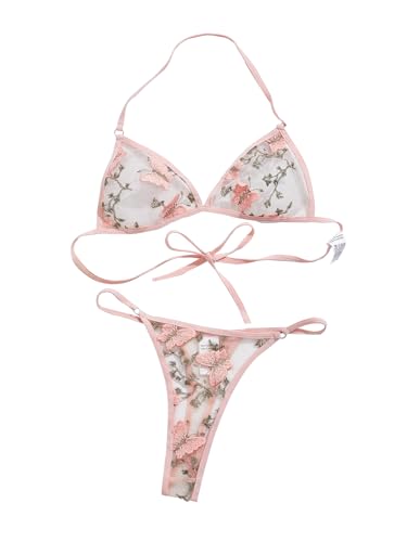 Aimedalis Floral Embroidered Lingerie Set, Halter Semi Sheer Mesh Bra & Matching Thong, Women's Sexy Lingerie & Underwear - Medium - Pink