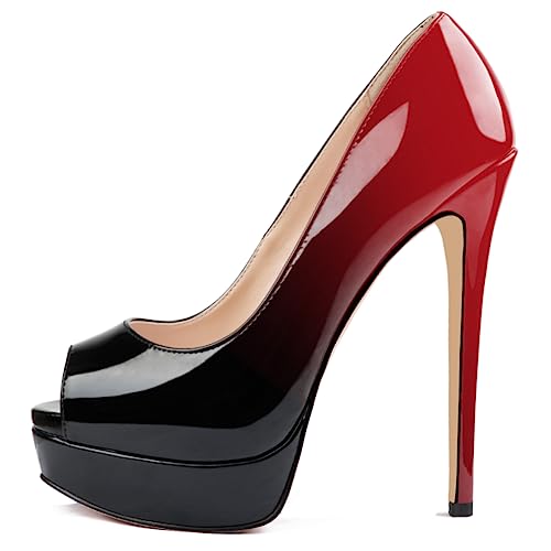MERUMOTE Women's Platform Stiletto Heels Shoes Peep Toe Pumps 6 inch Heels for Dress Wedding Party - 6 - Gradient Red Black