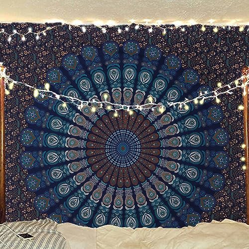 Indian hippie Bohemian Psychedelic Golden Blue Peacock Mandala Wall hanging Bedding Tapestry (Golden Blue, Queen (84x90Inches)(215x230Cms)) - King (88x104Inches)(225x265Cms) Golden Green