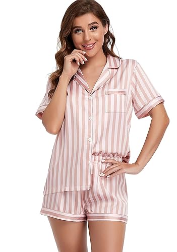 Serenedelicacy Women's Satin Pajama Set 2-Piece Sleepwear Loungewear Button Down Short Sleeve PJ Set - Small - Rose Smoke/Pale Pink, Stripe