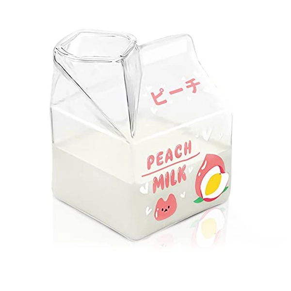 Blsky Kawaii Glass Milk Carton Cup Microwavable 12 Oz Cute Milk Cups Mini Creamer Container Peach Square Breakfast Mug Glass Creamer Pitcher with Gift Box (Peach)