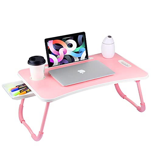 Veramz Laptop Desk for Bed, Laptop Bed Tray Table, Notebook Standing with Foldable Legs, Storage Drawer/Cup Holder, Couch Table, Reading Desk for Sofa (Pink) - Pink