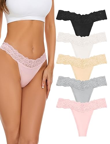 VOENXE Seamless Lace Thongs for Women No Show Thong Underwear,Lady Breathable Comfort Panty Soft Laser Cut Undie,Tanga,5-Pack - A-5 Pack Basics - Large