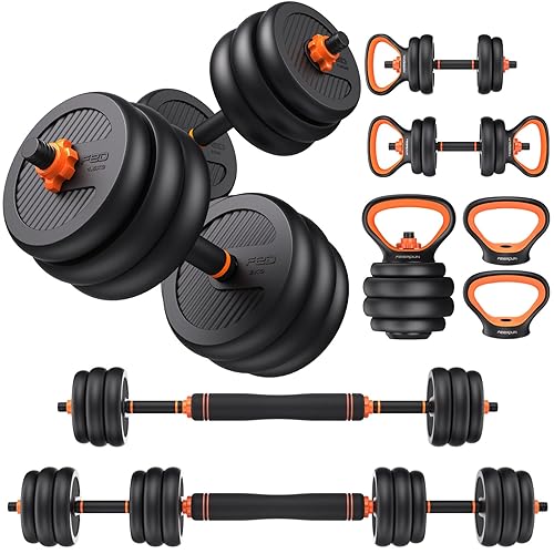 FEIERDUN Adjustable Dumbbells, 20lbs/30lbs//50lbs/70lbs/90lbs Free Weight Set with Connector, 4 in1 Dumbbells Set Used as Barbell, Kettlebells, Push up Stand, Fitness Exercises for Home Gym Suitable Men/Women - 50lbs