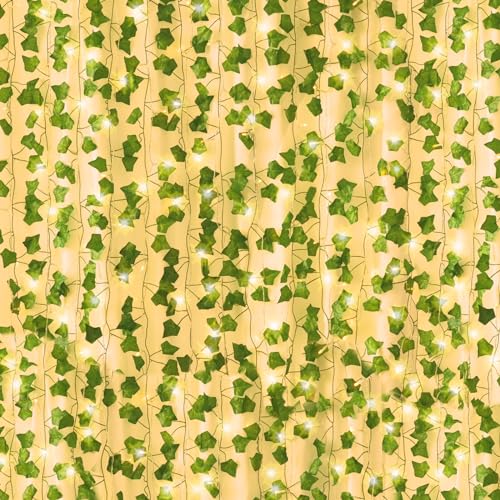 JPSOR 12pcs 84ft Fake Vines with Lights, Fake Ivy Leaves with 100 LED String Lights Artificial Ivy Garland for Bedroom Party Wedding Wall Indoor Outdoor Home Decor - 12pack with 100 LED lights