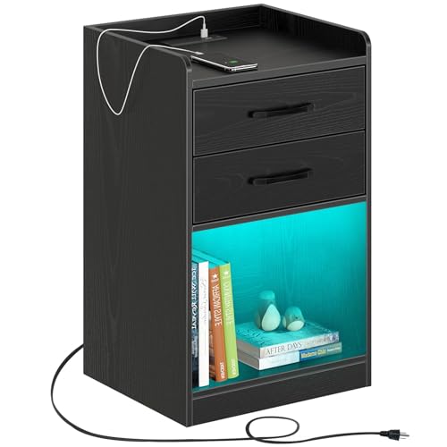 Seventable Nightstand with Charging Station and LED Lights, Modern Night Stand with 2 Drawers and Storage Open Compartment for Bedroom, Black - Black