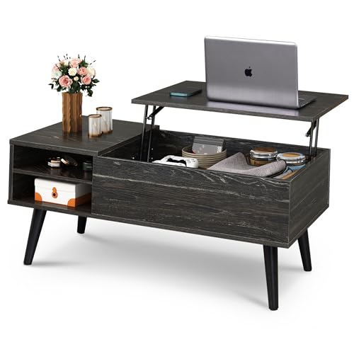 WLIVE Wood Lift Top Coffee Table with Hidden Compartment and Adjustable Storage Shelf, Lift Tabletop Dining Table for Home Living Room, Office, Charcoal Black - Charcoal Black - 39.37"D x 19.69"W x 16.93"H