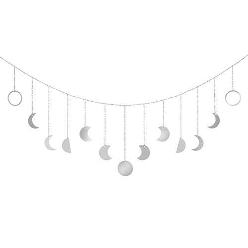 Mkono Moon Phase Wall Hanging Boho Aesthetic Room Decor Metal Moons Garland Hanging Art Bohemian Home Decoration for Girls Room Nursery Bedroom Livingroom Dorm, Ideal Gift, Silver, 55" - Silver - Large