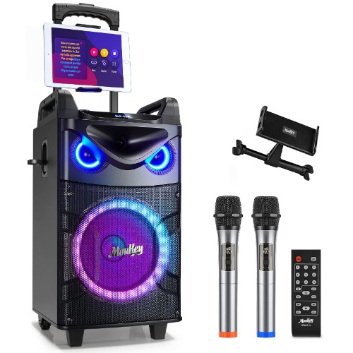 Moukey Karaoke Machine with 2 UHF Wireless Microphones, Portable Bluetooth PA System Speaker, Lyrics Display Holder, Party Lights & Echo/Treble/Bass Adjustment Support TWS/REC/AUX/MP3/USB/TF/FM - New 10" Woofer Karaoke Speaker