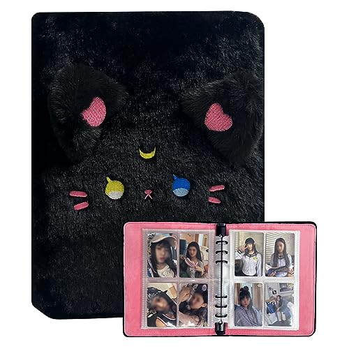 Kpop Photocard Binder Plush Photo Album with 30Pcs Inner Pages 2x3" Photo Card Holder Book Sleeves 6 Rings 4-Pocket Card Protector (Black Kitty) - Black Kitty