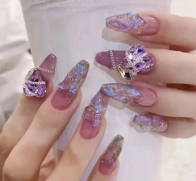Handmade Glitter Press On Nails Purple Rhinestone Lock Heart Chain Long Nails Acrylic Nails Gel Nails Reusable Nails
