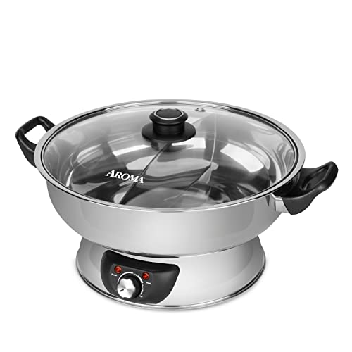 Aroma Housewares ASP-610 Dual-Sided Shabu Hot Pot, 5Qt, Stainless Steel Aroma Housewares 3 Uncooked/6 Cups Cooked Rice Cooker, Steamer, Multicooker, 2-6 cups, Black - Dual-Sided