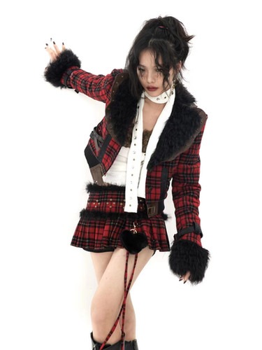 Red and Black Plaid Neck Coat