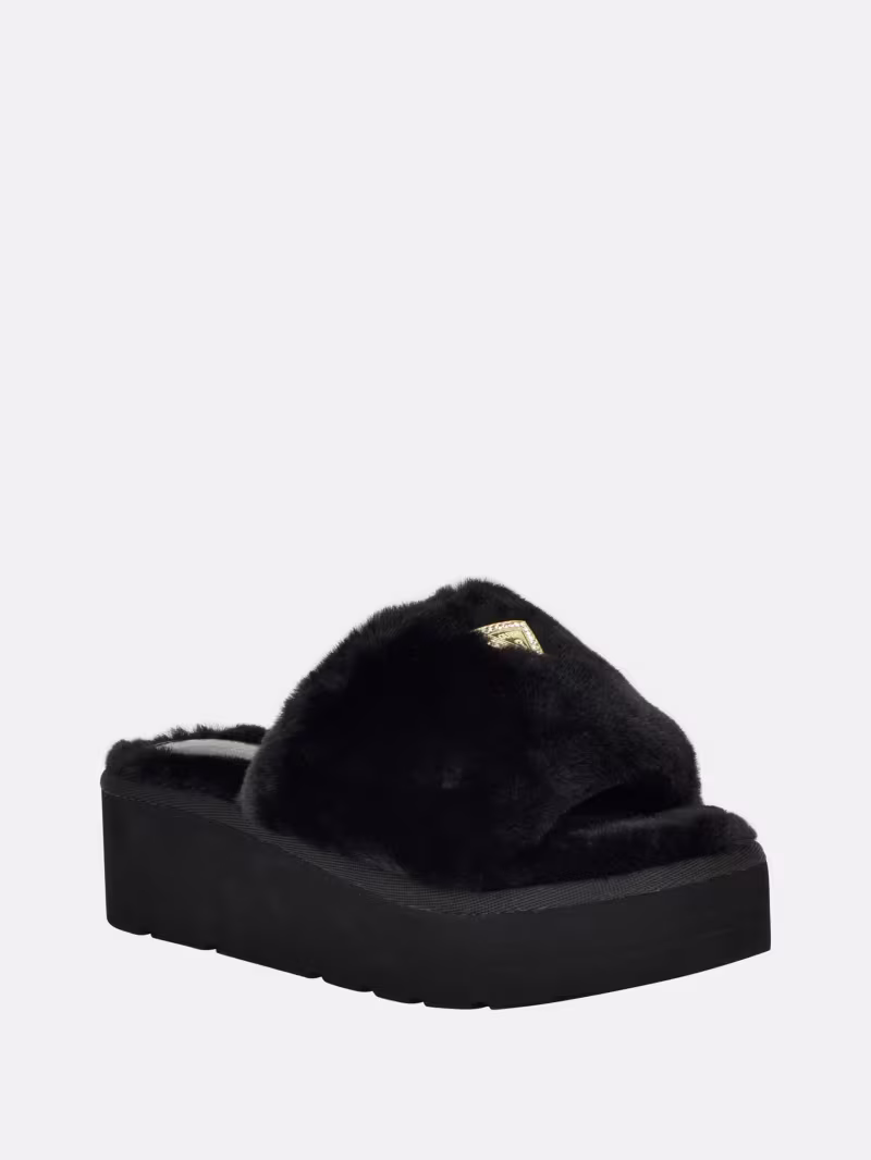 Black Synthie Shearling Platform Slippers