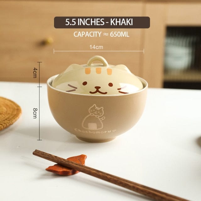 Kawaii Cat Ramen Bowl with Lid | khaki