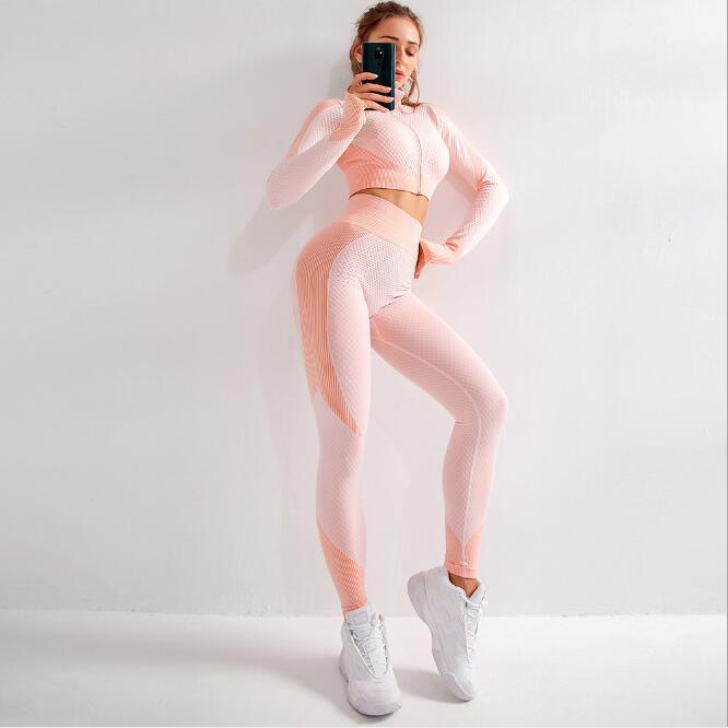 Jacquard Seamless Set (Leggings + Top) - Pink Coral / M